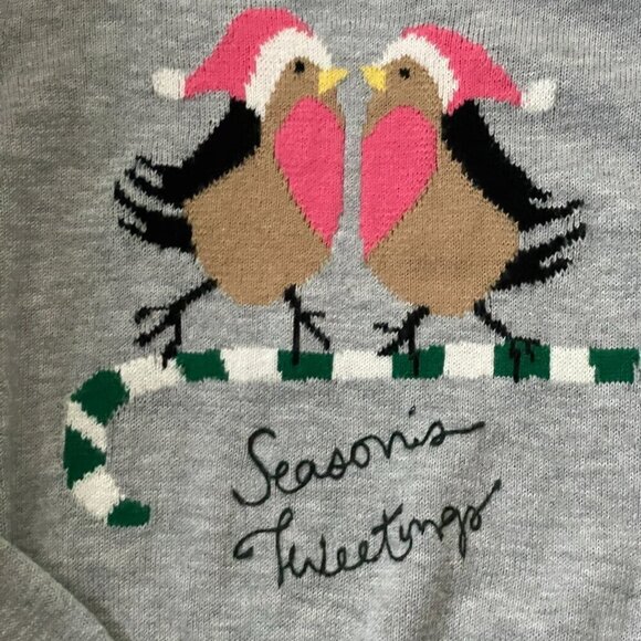 Talbots Seasons Tweeting Festive Love Birds Grey Wool Pullover Sweater Women MP - Picture 3 of 6
